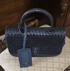 Bottega Woven Navy Blue Top Handle Handbag with New Luggage Tag